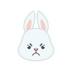 Cute angry bunny face. Flat cartoon illustration of a funny little gray rabbit furrowing its eyebrows isolated on a white background. Vector 10 EPS.
