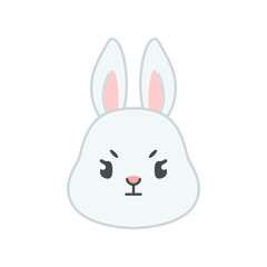 Cute grumpy bunny face. Flat cartoon illustration of a funny little gray rabbit furrowing its eyebrows isolated on a white background. Vector 10 EPS.