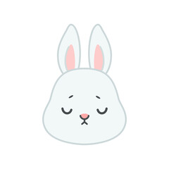 Cute sad bunny face. Flat cartoon illustration of a unhappy little gray rabbit isolated on a white background. Vector 10 EPS.