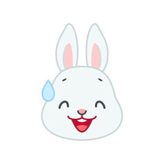 Cute nervous bunny face. Flat cartoon illustration of a little gray rabbit smiling with cold sweat isolated on a white background. Vector 10 EPS. - obrazy, fototapety, plakaty