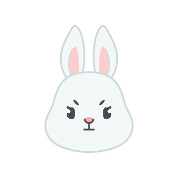 Cute grumpy bunny face. Flat cartoon illustration of a funny little gray rabbit furrowing its eyebrows isolated on a white background. Vector 10 EPS.