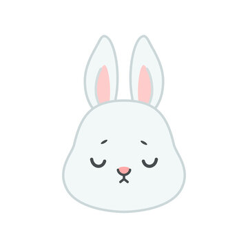 Cute sad bunny face. Flat cartoon illustration of a unhappy little gray rabbit isolated on a white background. Vector 10 EPS.