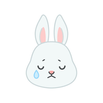 Cute crying bunny face. Flat cartoon illustration of a little gray sad rabbit isolated on a white background. Vector 10 EPS.