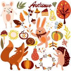 Autumn set, cute woodland animals and elements autumn, a mouse, cunning fox, a dancing hedgehog, colored trees, leaves, mushrooms. Perfect for web, harvest festival, banner, card and Thanksgiving
