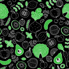 Fruits and vegetables seamless pattern. Hand drawn vector illustration. Minimalist design. Scandinavian style background. Healthy organic food.