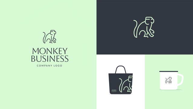 Monkey Business Company brand design. Monkey line logo illustration. 
