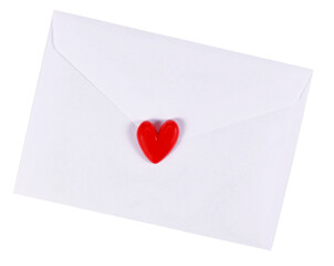 Love letter. White envelope with single red heart on transparent background