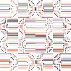 Modern vector abstract seamless geometric pattern with semicircles and circles in retro  style. Pastel colored lines on white background. Minimalist illustration in Bauhaus style with simple shapes.
