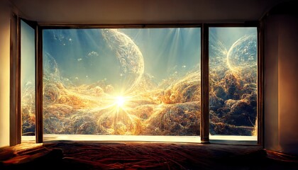 Obraz premium A 3D illustration of a cosmos cloud with a planet from the spaceship windows
