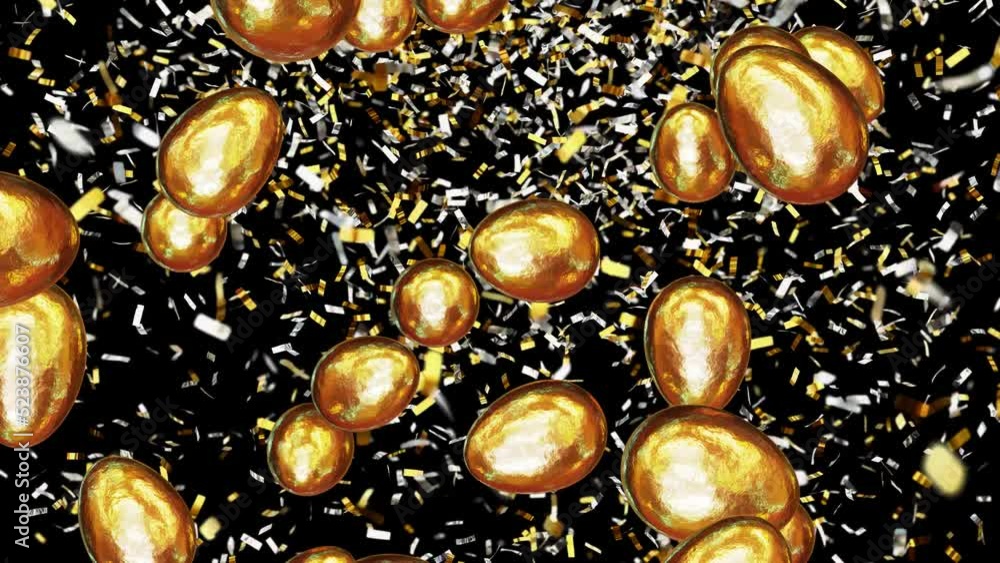 Poster realistic dof camera looping 3d animation of the fancy textured gold easter eggs falling from the to