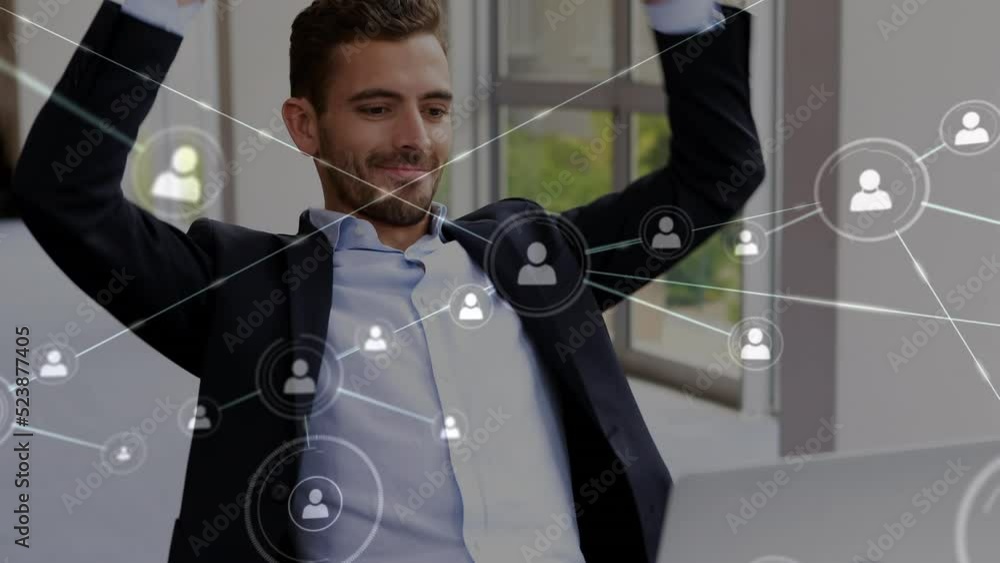 Poster animation of profile connecting with lines over caucasian happy man with hands behind head in office