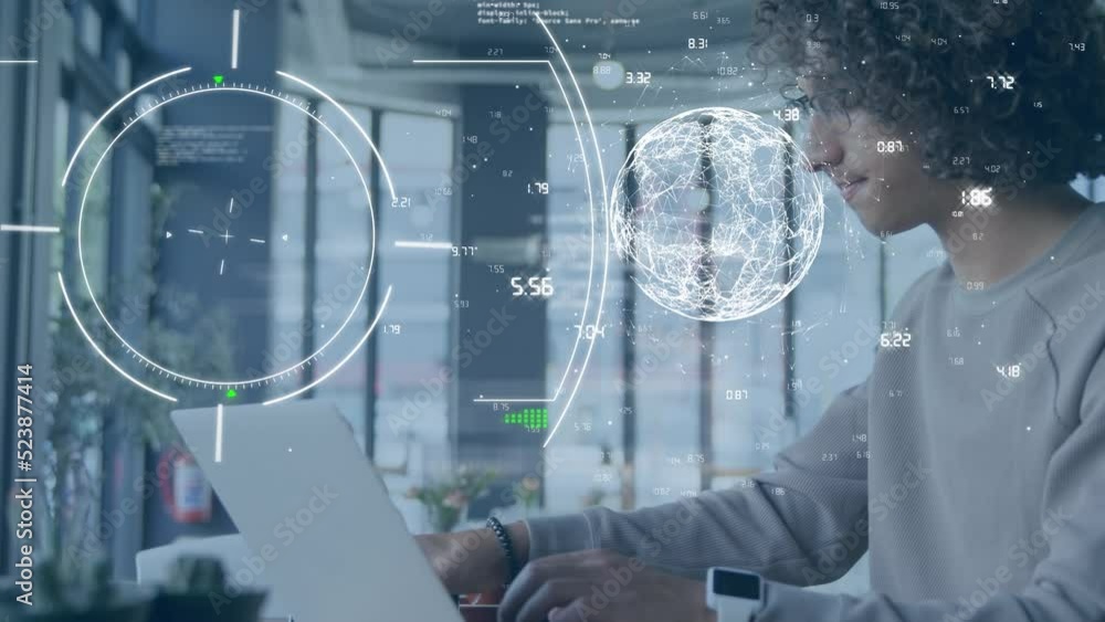 Poster animation of scope over globe of network of connections against biracial man using laptop at a cafe