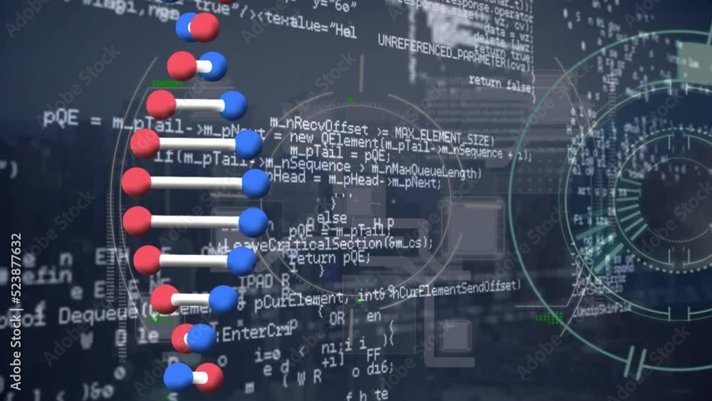 Poster animation of dna structure spinning and scope scanning over data processing against grey background