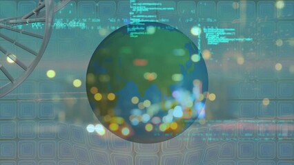 Animation of dna structure and data processing over spinning globe against night city traffic - Powered by Adobe