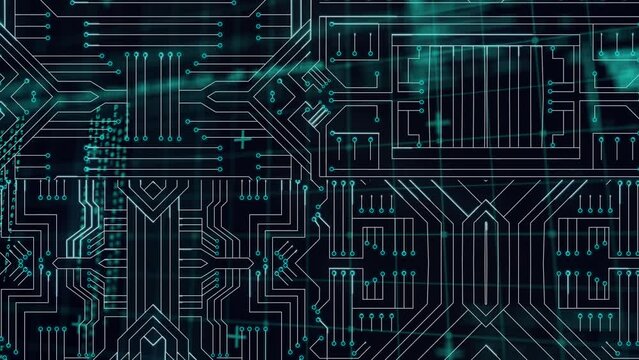 Animation of data processing over computer circuit board on black background