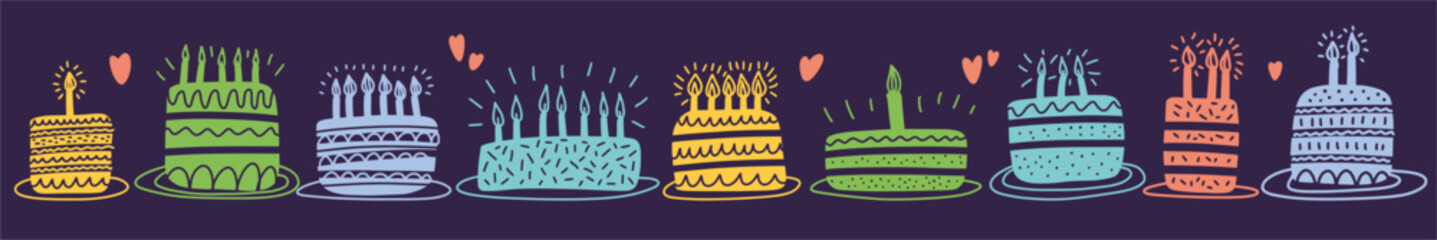 Vector collection of birthday cakes with candles hand-drawn.