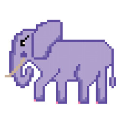 Pixel style fashion elephant isolated vector illustration. Cartoon pixel design. Purple pixel elephant for a game. Embroidering scheme of animal pixel art. Baby or big elephant. Graphic happy alphabet