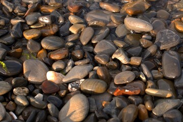A pure transparent sea wave rolls over the rocky pebble shore, the concept of rest and travel, tranquility, relaxation and reflection on a warm summer day, close-up.