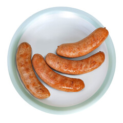 Fried sausage on gray round plate isolated white background. Top view, flat lay
