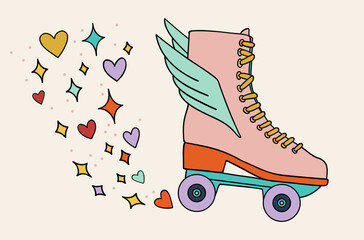 Illustration of a sticker from the 1970s set. Roller skate with wings. Bright memorable design.