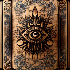 A 3D Illustration of a Gold Ancient book of eye Illuminati with vintage style