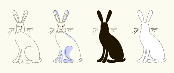 Set of four bunnies - in the style of one continuous line, doodle, outline and black silhouette. Animal. Symbol of the year 2023. Stock vector illustration, isolated on white background