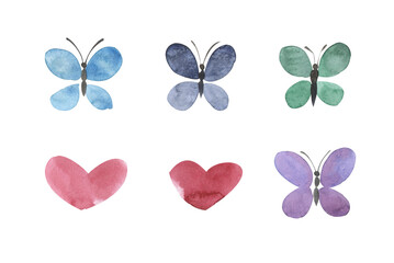 Watercolor set of butterflies and hearts. A detailed illustration on a white background.Green, blue and purple butterflies.