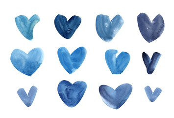 A set of bright blue hearts, watercolor hearts, blue, purple,abstract strokes,spots in the form of hearts