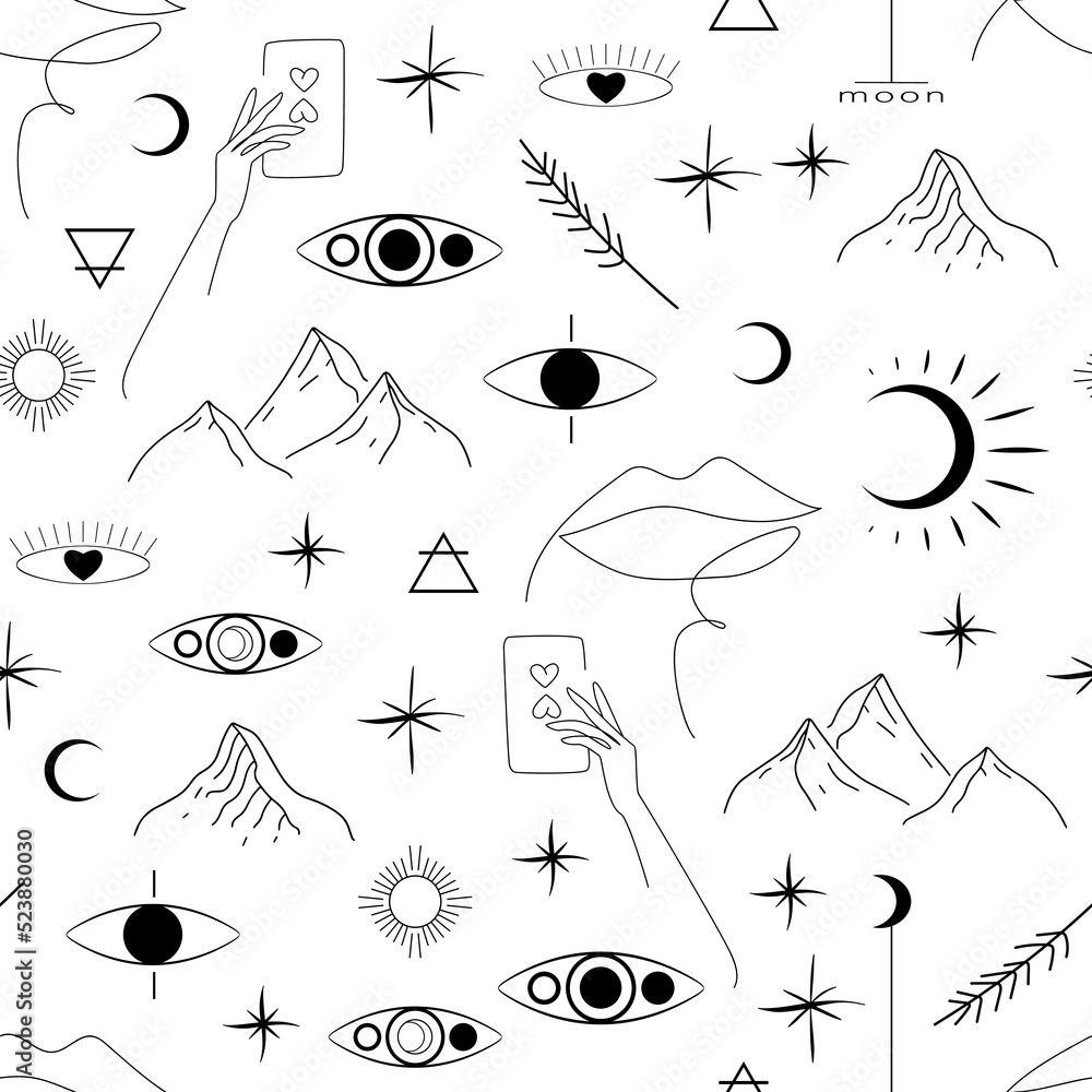 Poster seamless vector mystical pattern in line-art style.