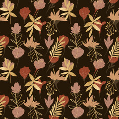 Floral abstract fall flower seamless pattern. Flower seamless background. Yellow and brown  flowers. Abstract autumn line art drawing. Botanical fall seamless pattern. 