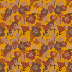 Fototapeta na wymiar Floral abstract fall flower seamless pattern. Flower seamless background. Yellow and brown flowers. Abstract autumn line art drawing. Botanical fall seamless pattern. 