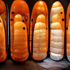 A 3D illustration of Modern future pods with orange and white colors for sleeping