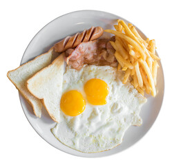 Breakfast with scrambled eggs,bacon,toast,french fries and sausage