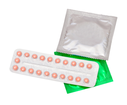 Oral contraceptive pill  and condom isolated on white background