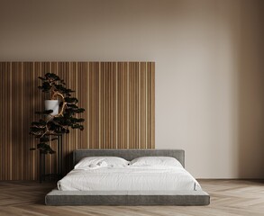 Master bedroom in Japanese style. Bonsai near the bed, wooden slatted panels on the wall, wooden parquet floor. 3d render of a minimalistic grey bed