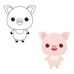 Cute pig toy.Contour drawing of a cartoon animal. Coloring book for kids