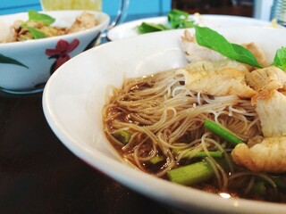 Thai style noodle blood soup,boat noodle,delicious dish,famous Thai noodle soup. Say Moo nam tok