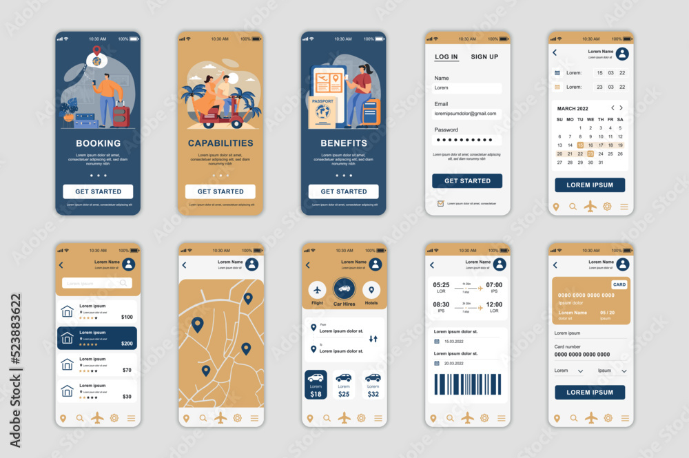 Poster booking concept screens set for mobile app template. people order taxi, buy plane tickets and touris