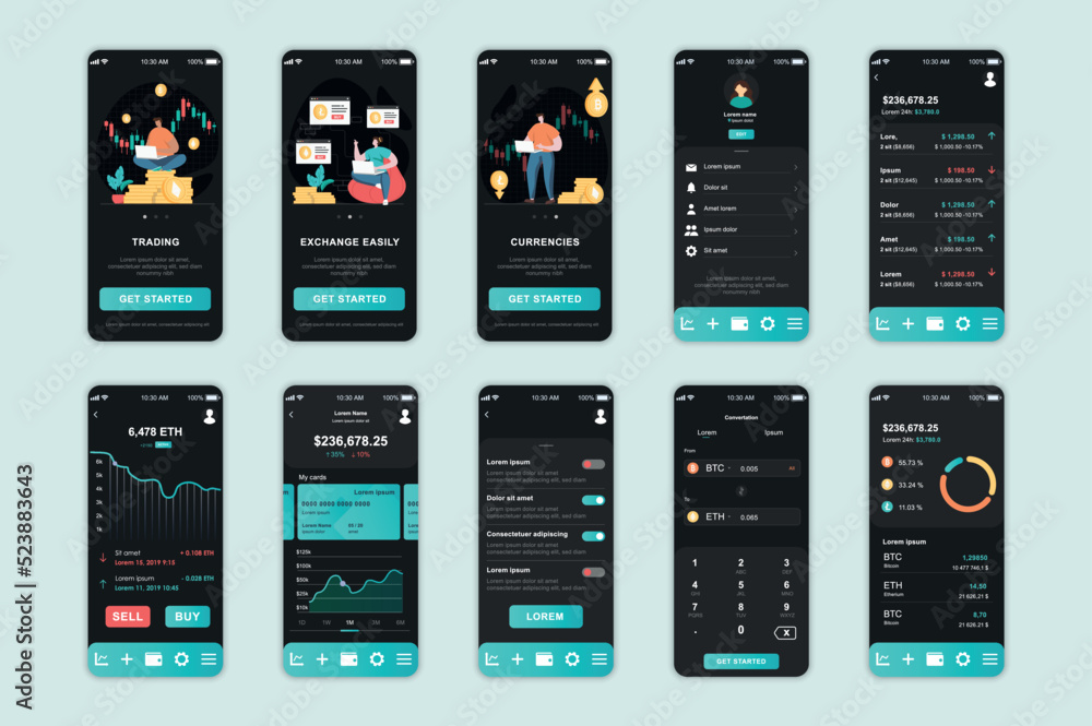 Leinwandbilder crypto exchange concept screens set for mobile app template. people trade cryptocurrency, analyze an