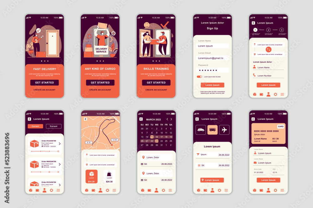 Poster delivery concept screens set for mobile app template. people use fast shipping services, tracking an