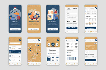 Booking concept screens set for mobile app template. People order taxi, buy plane tickets and tourist trips online. UI, UX, GUI user interface kit for smartphone application layouts. Vector design - obrazy, fototapety, plakaty