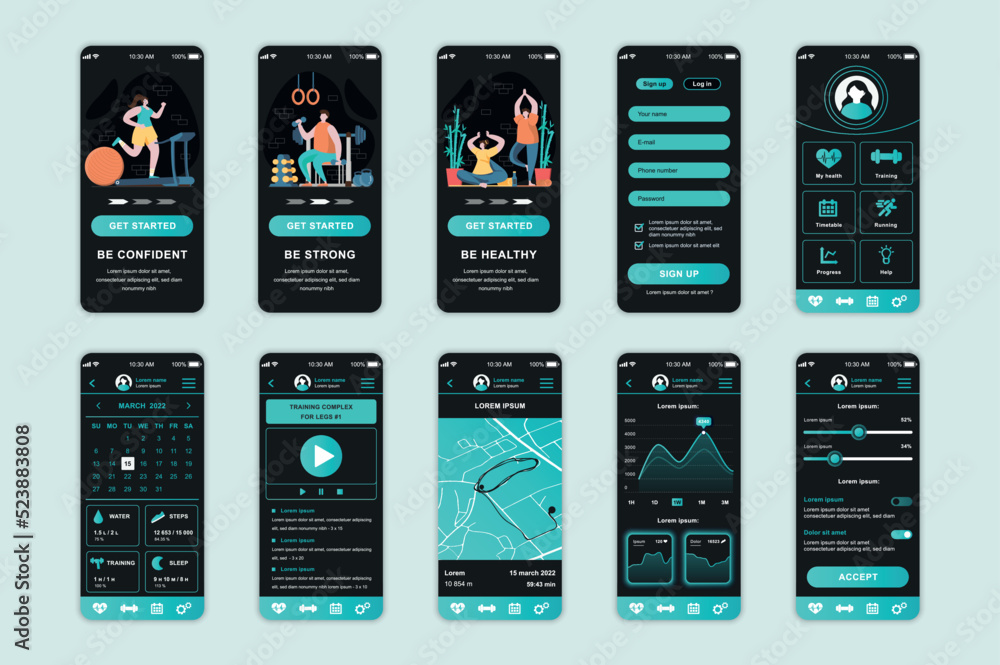 Fototapete fitness concept screens set for mobile app template. people doing different sports and workouts at h