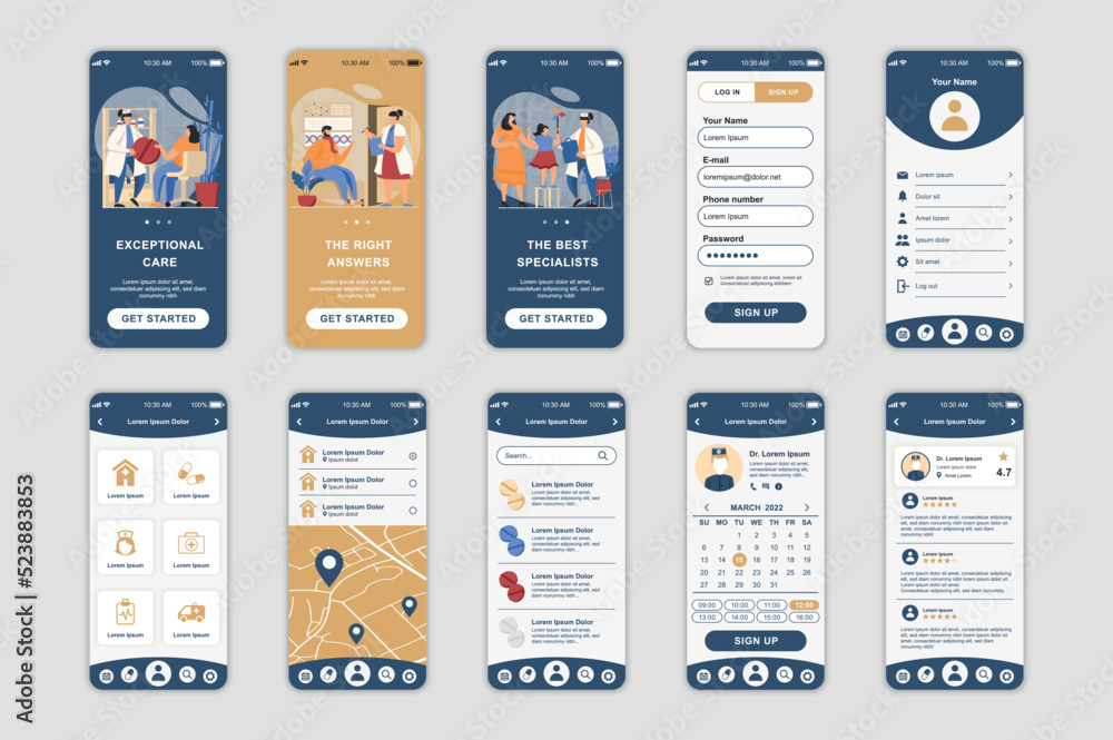 Poster medicine concept screens set for mobile app template. people choose specialist, make appointment wit