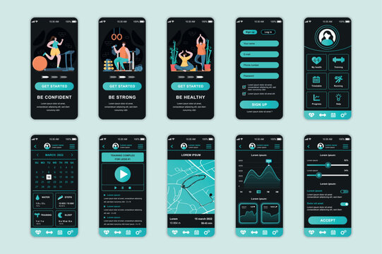 Fitness concept screens set for mobile app template. People doing different sports and workouts at home and in gym. UI, UX, GUI user interface kit for smartphone application layouts. Vector design