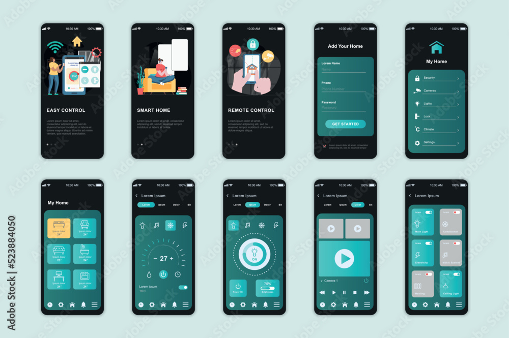 Aufkleber Smart home concept screens set for mobile app template. People control temperature sensors, lighting, security system. UI, UX, GUI user interface kit for smartphone application layouts. Vector design