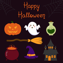 Set Of Halloween Objects With Lettering Vector Illustration In Flat Style