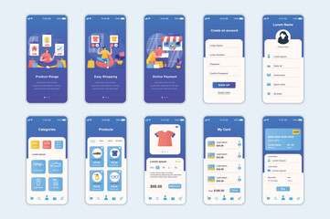 Shopping concept screens set for mobile app template. People choose products in shop catalog, order and pay online. UI, UX, GUI user interface kit for smartphone application layouts. Vector design
