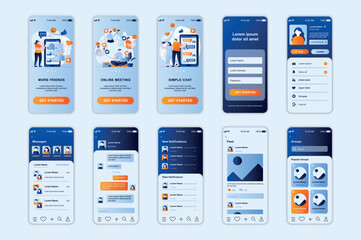 Social network concept screens set for mobile app template. People chat with friends and meet online, post photos. UI, UX, GUI user interface kit for smartphone application layouts. Vector design - obrazy, fototapety, plakaty