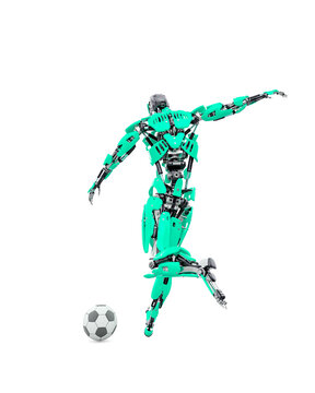 master cyber robot is kicking the football ball rear view