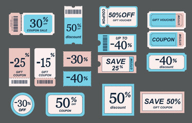 Modern sale vouchers. Blue coupon mockup design for sales and gift social media posts, collection of discount tickets. Colorful vector image banner with promo code offer isolated set. 